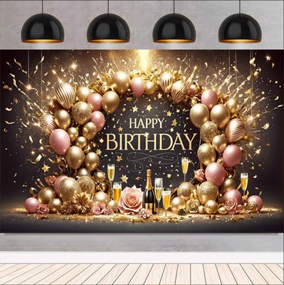 1Pc Happy Birthday Black Gold Balloon Background Wall Photography Mural Wallpaper Suitable for Family Birthday Party Decoration