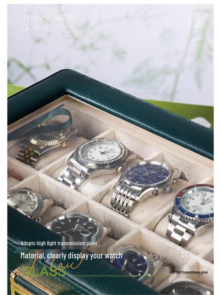 Lychee Grain PU Leather Watch & Eyeglass Storage Box with Multiple Slots