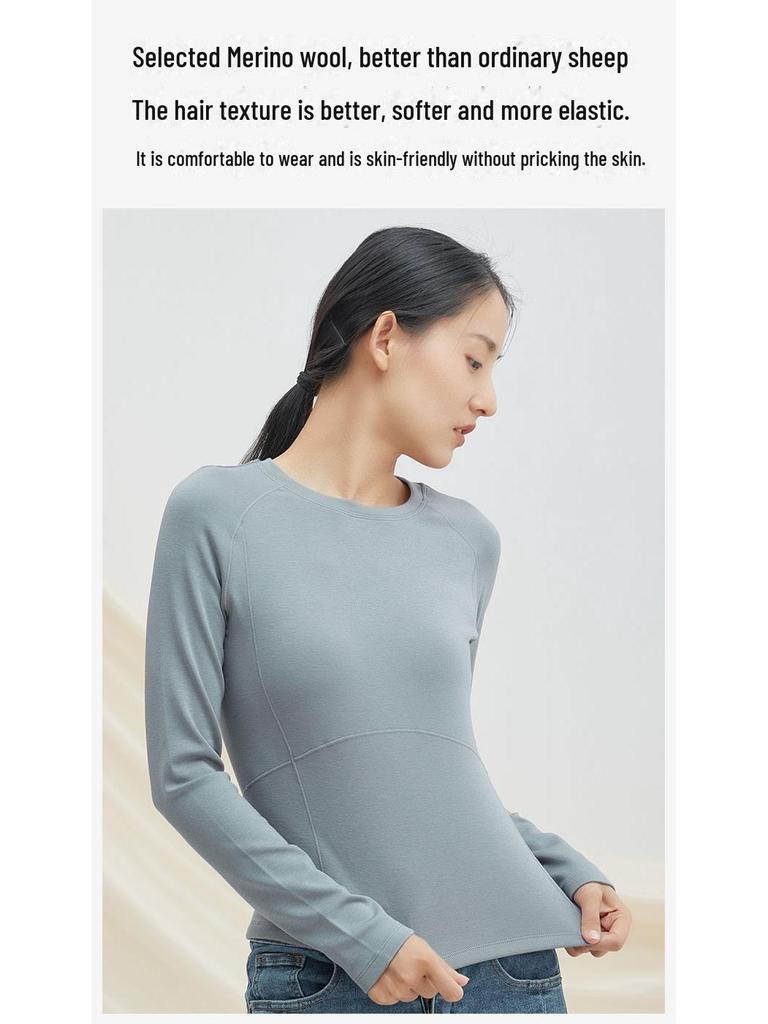 Women's Merino Wool and German Velvet Round Neck Bottoming Shirt - A-type Stitching and Thickened Skin-Beautifying Fabric