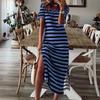 Women's Striped Side Slit Midi Dress V Neck Short Sleeve Casual Holiday Loose Dress