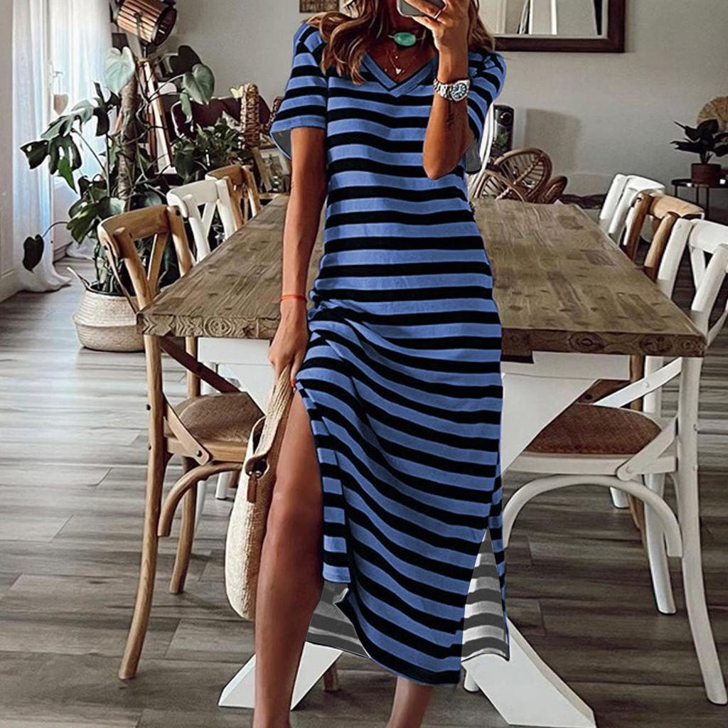 Women's Striped Side Slit Midi Dress V Neck Short Sleeve Casual Holiday Loose Dress