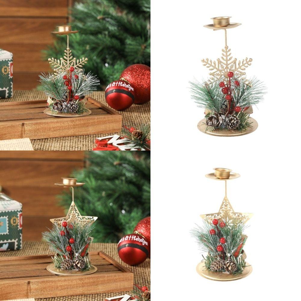 Vintage Golden Christmas Candle Holder Snowflake Xmas Tree Iron Candlestick Simulated Pine Needles Desktop Ornament Festive