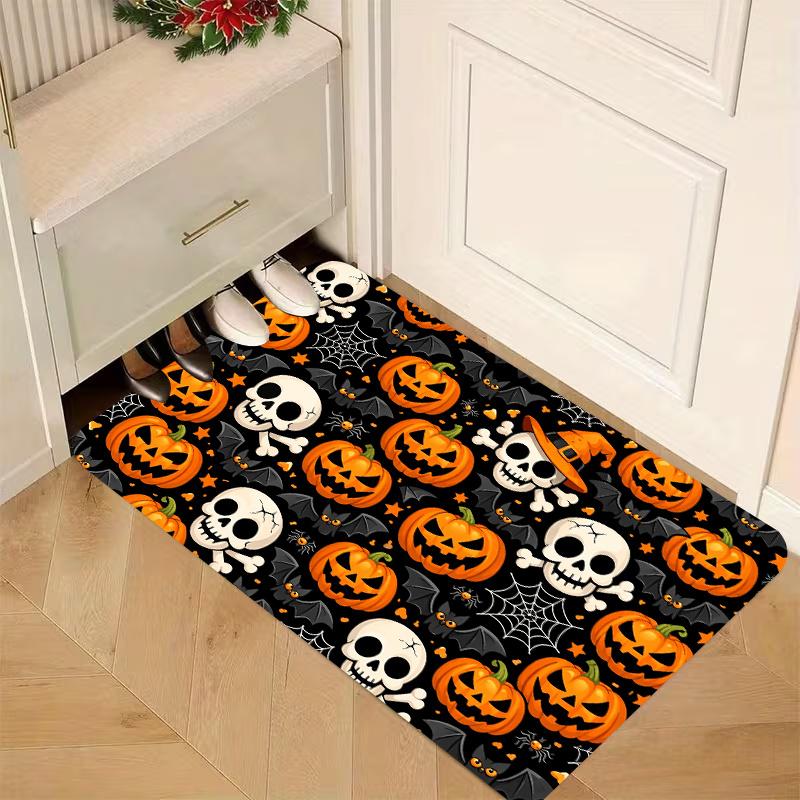 Pumpkin Skull Bat Door Mat Rectangle Spooky Spiderweb Non-Slip Welcome Rug Halloween Carpet for Home Entrance Porch Decor