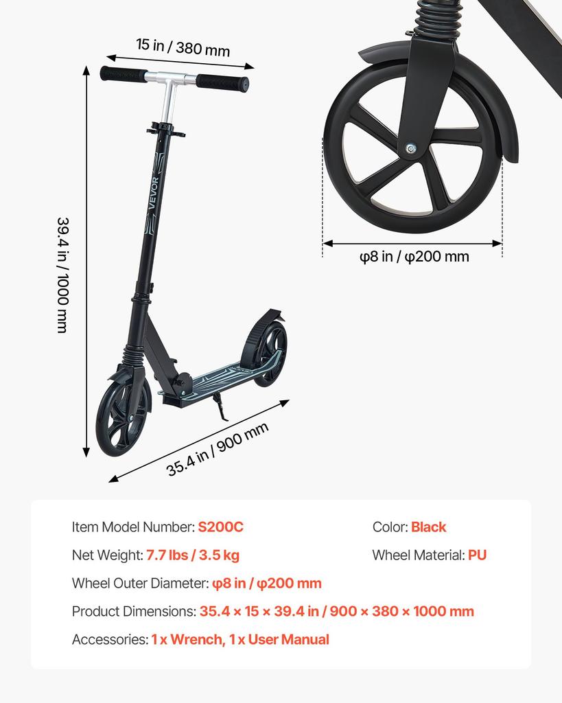 VEVOR Kick Scooter for Kids Ages 8+, Teens & Adults, 2-Wheel Toddler Scooter with Adjustable Height Handlebar, Wide Anti-Slip Deck