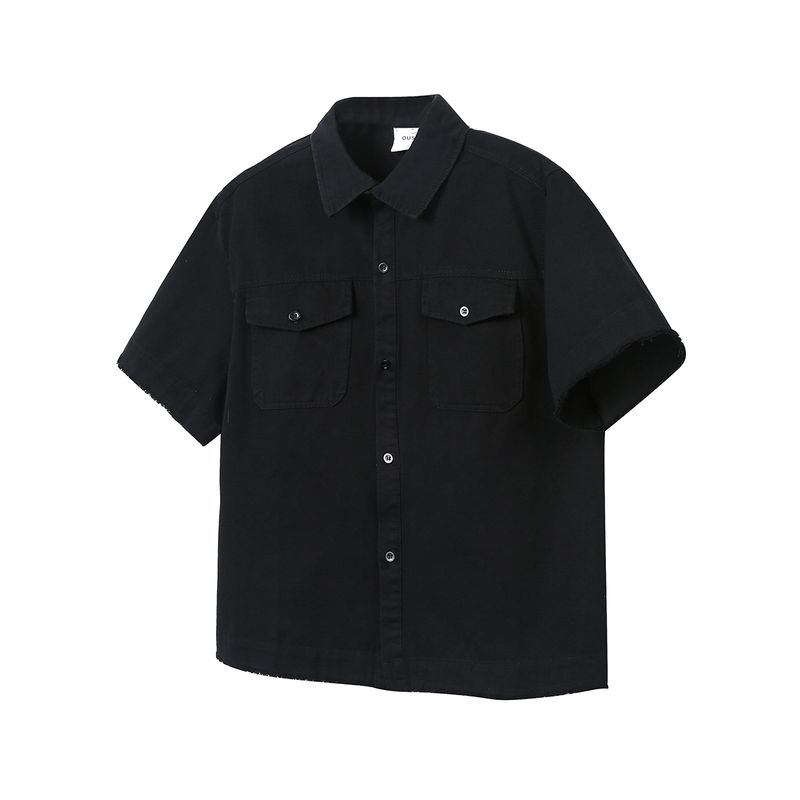 

Men s American-Style Raw Edge Short-Sleeve Shirt, Men s 2025 Summer New Workwear Pocket Loose Versatile Turn-Down Collar Top Trendy Black 2XL