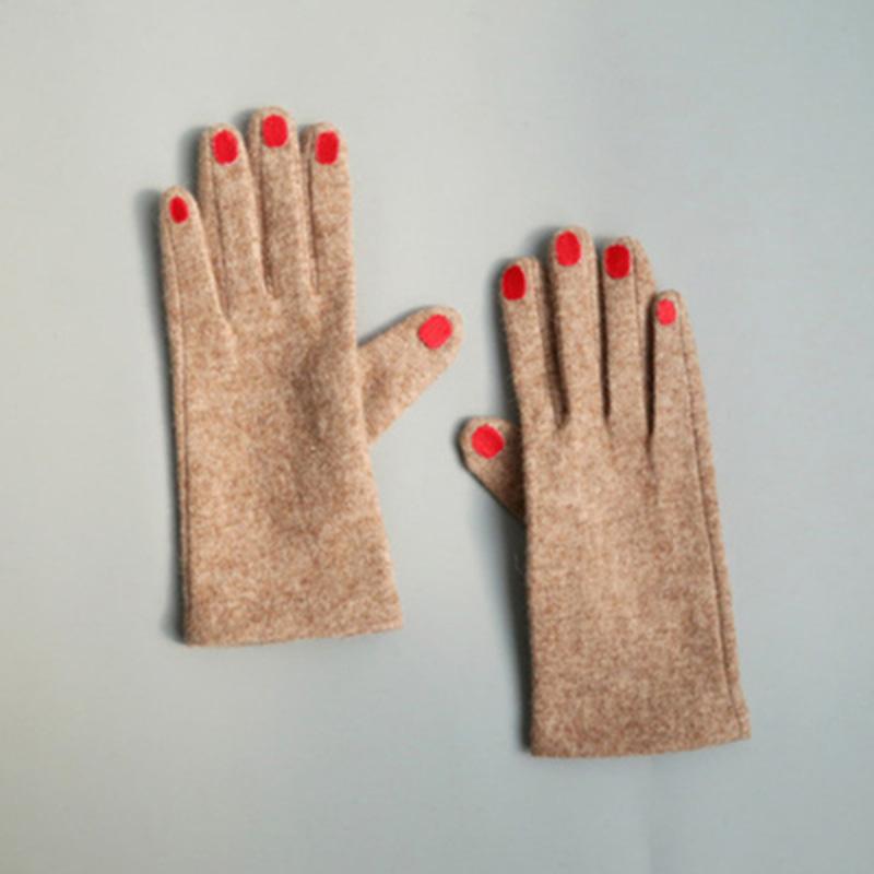 Cute Nail Polish Embroidery Cashmere Gloves Women Wool Velvet Thick Touch Screen Gloves Female Winter Warm Driving Gloves H100