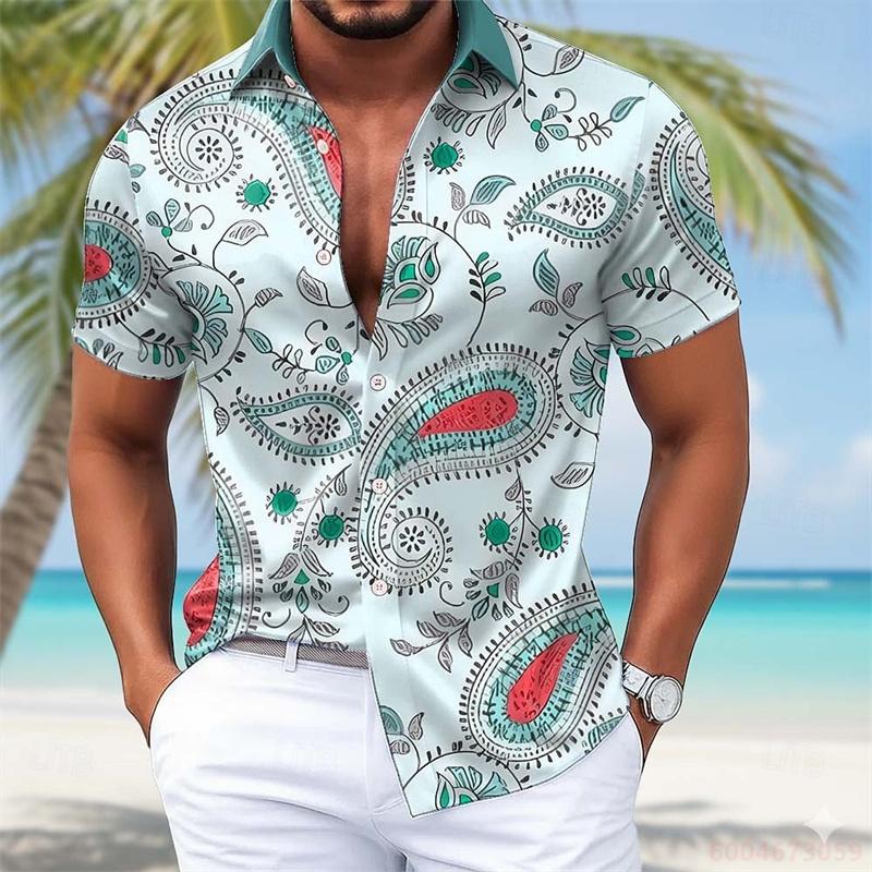 Summer Lightweight Men's Collared Shirt, Gradient Wavy Print, Stylish Casual Vacation Loose Hawaiian Style Men's Shirt, XS-6XL
