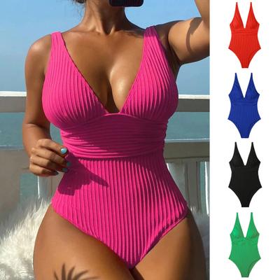Damskie letnie Monokini głęboki dekolt w serek bez rękawów prążkowany jednoczęściowy strój kąpielowy oddychający jednolity kolor szybkoschnący strój kąpielowy