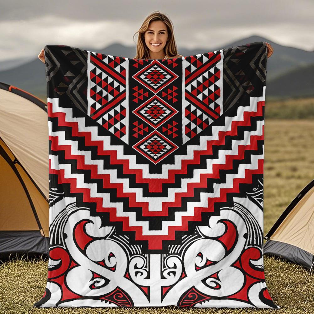

Maori Koru Pattern Throw, Red Tribal Art Flannel Blanket, Soft All Season for Sofa Travel, Indigenous Style Home Decor 75x90cm