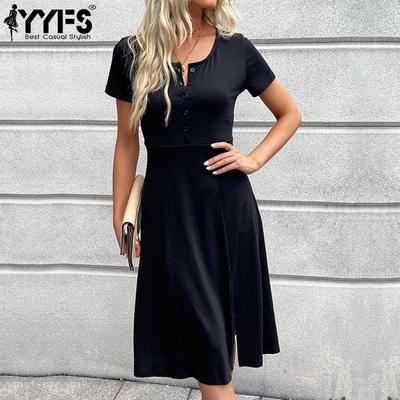 Women's Fashion Summer Spring Solid Color Print Short Sleeve V-Neck High Waist Casual Dresses