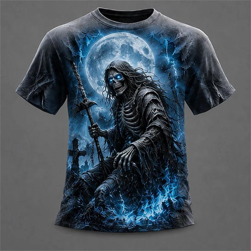 New Men's Crew-Neck T-Shirt Pumpkin Skeleton and Scarecrow Print Halloween Horror Casual Top Unisex Holiday Party Outfit