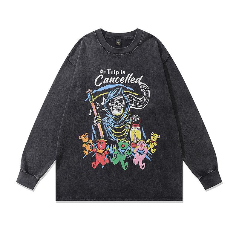 High Street Printed Sweater Ins American Retro Trendy Brand Washed Old Oversize Cotton Long Sleeve T-Shirt Men