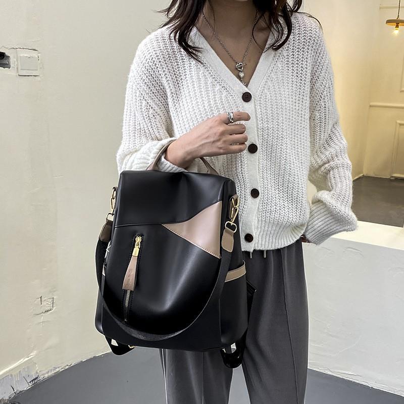 1 Women's Backpack, Soft Leather Backpack, Large Capacity Color Blocked Casual Backpack, Trendy College Student Backpack