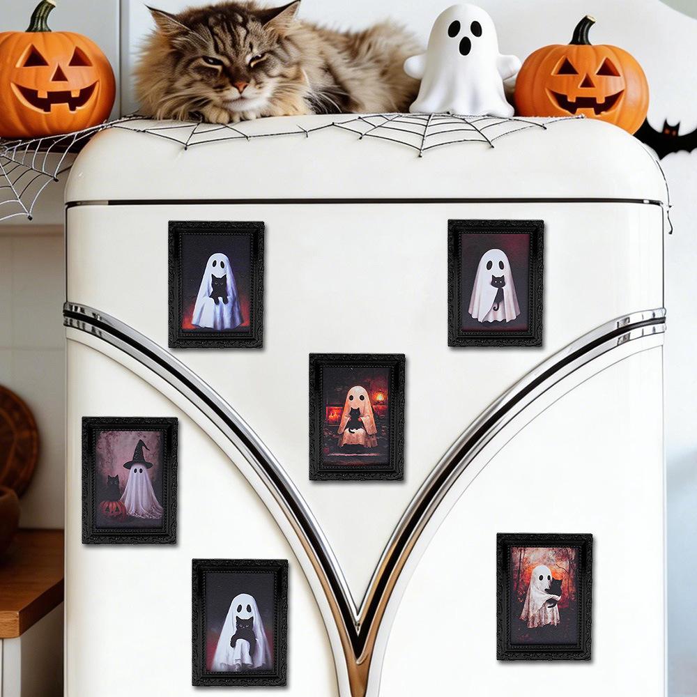 6 Stück Holz Halloween Fotorahmen Kühlschrankmagnete Aufkleber 3D Retro Geisterrahmen Kühlschrankmagnete Halloween Dekoration für Zuhause
