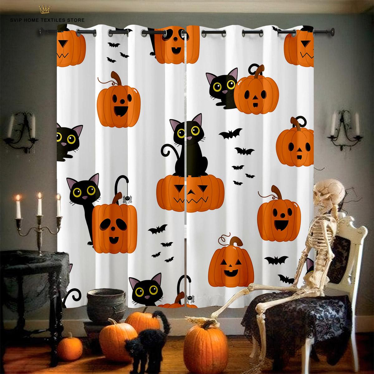 

Halloween Theme Ornamental Window Curtains For Children Room, Horror Cartoon Style Skull Design Pattern Print, Restaurant, Holiday Gathering W50X130H(CM)X2PCS&Rod pocket