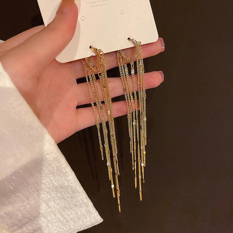 Elegent Bling Long Tassel Multi-layer Chain Rhinestone Earrings New Trendy Korean Heart Earrings Buckle Party Jewelry Gifts