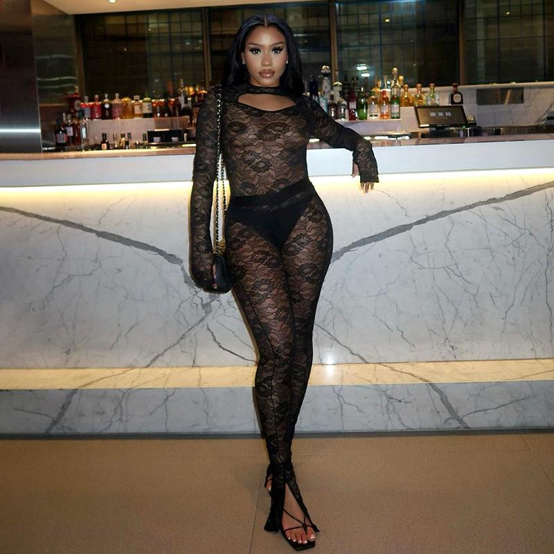 Spring Sexy 2 Two Piece Sets Lace Women Long Sleeve Bodysuits Top+High Waist Pants Suits Black Hollow Out Matching Outfits 2024