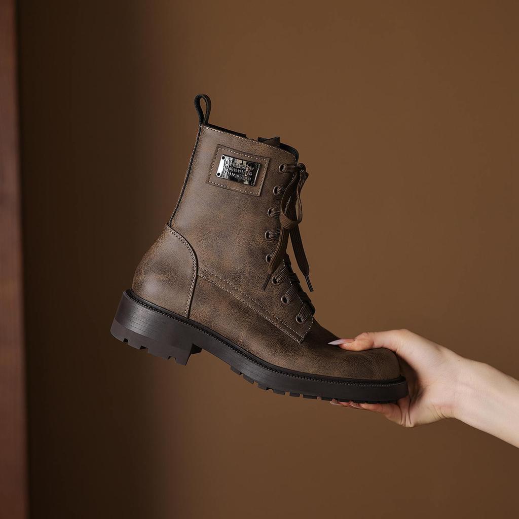 Krazing Pot Genuine Leather Winter Round Toe Western Boots Med Heels Women Cross-tied Lace Up Women Ankle Boots