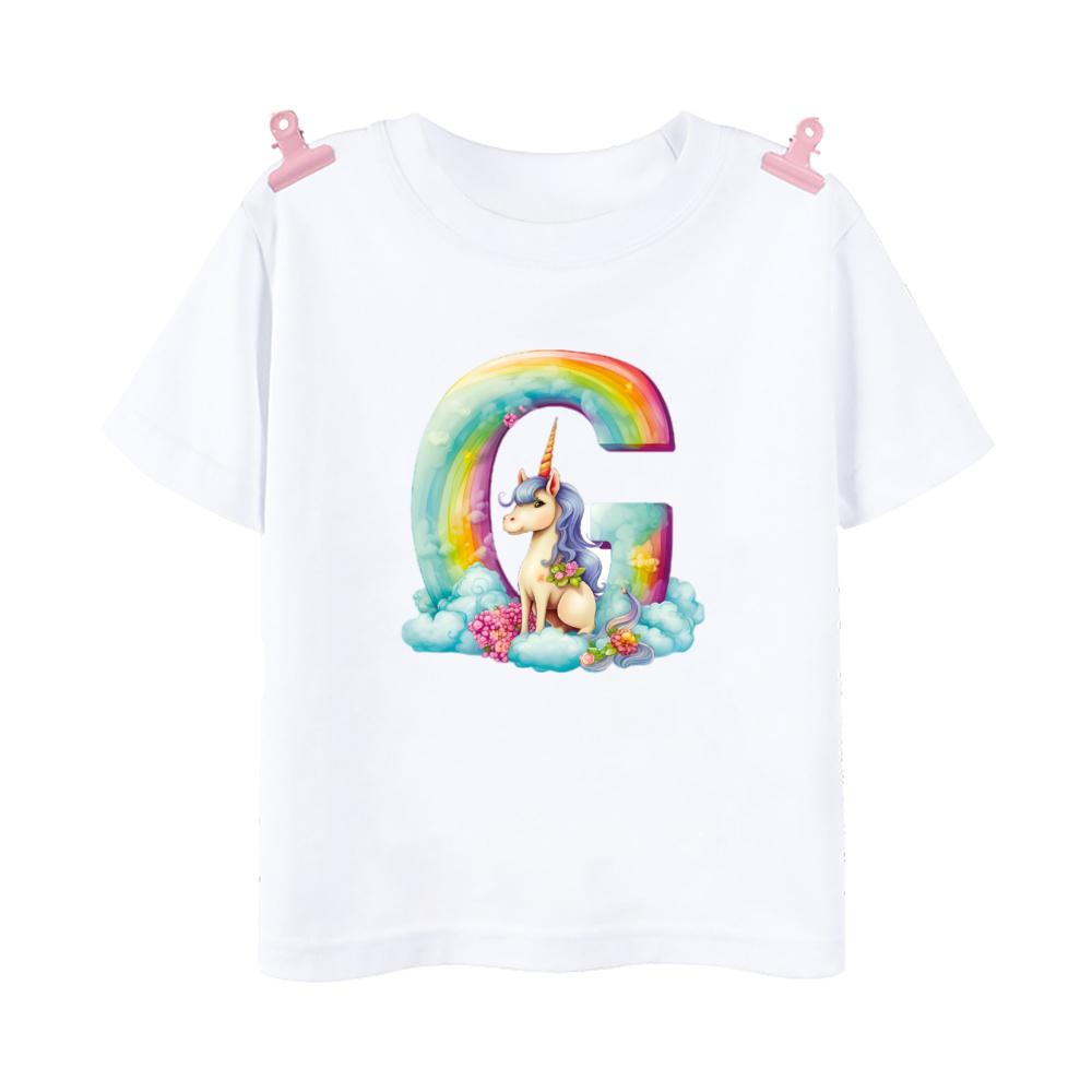 Unicorn Rainbow Initial A-Z Printed Kids Shirt Child Summer T-shirt Boys Girls Short Sleeve Tops Clothes Cute Toddles Outfit Tee