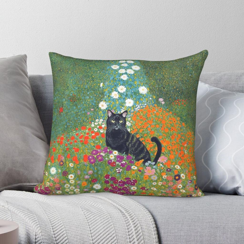 Gustav Klimt Katze Blumengarten Quadratische Kissenhülle Polyester Leinen Samt Kreativ Reißverschluss Dekorative Auto Kissenbezug