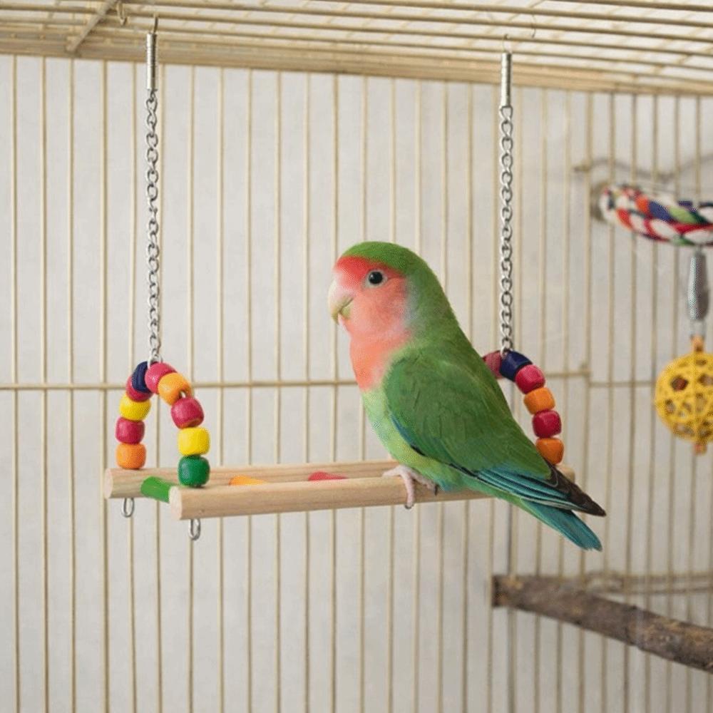 Bird Perch Stand Bite Resistant Parrot Swing Wooden Colorful Beads Bird Hanging Bird Cage Standing Play Gym