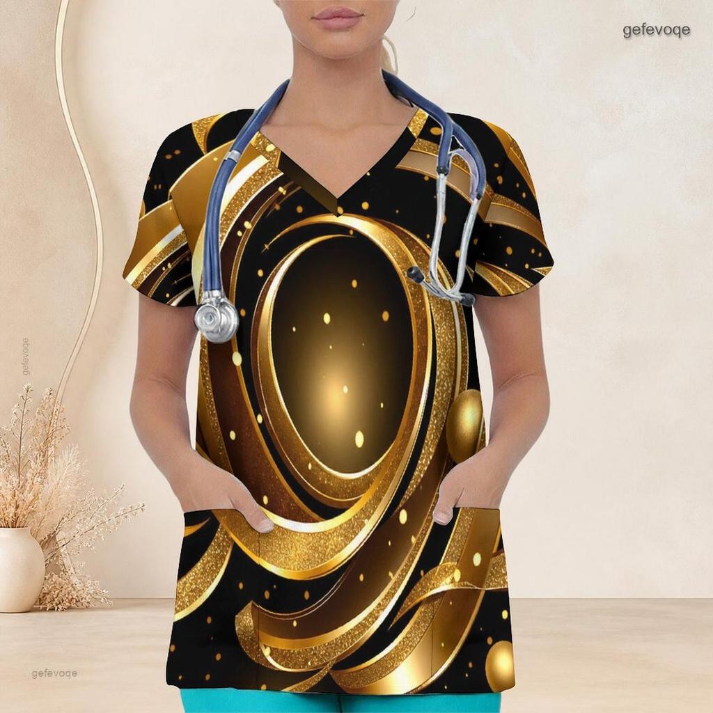 Women Plus Size V Neck Short Sleeve Black Gold Printed Nurse Scrub Top With Front Pockets