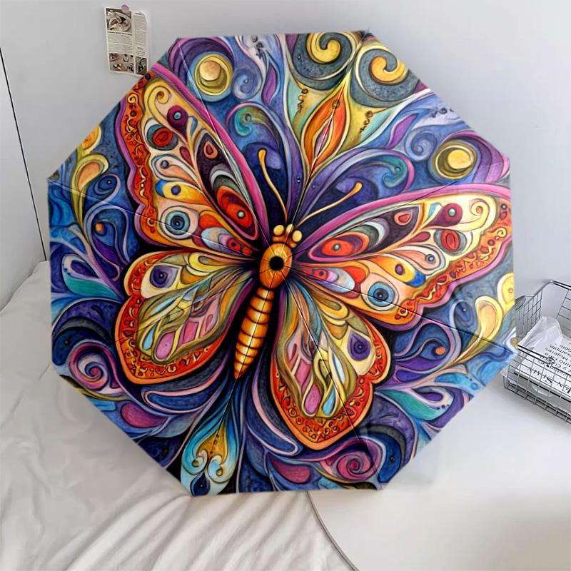 Colorful Butterfly pattern, automatic folding umbrella, portable and foldable design, 8 ribs, a Christmas or birthday gift.