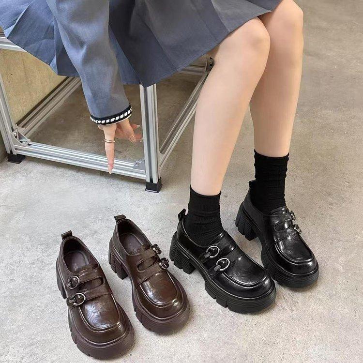 Thick-soled Height-increasing Small Women's Autumn New Shoes Women's Thick-heeled High-heeled Small Leather Shoes Single Shoes