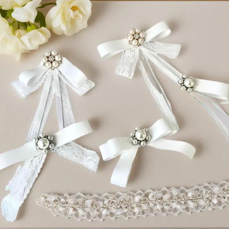 Fashion Black Lace Brooch Bow White Pearl Brooch Tie For Women Clothing Neckline Decoration Ribbon Tie Jewelry Accessories