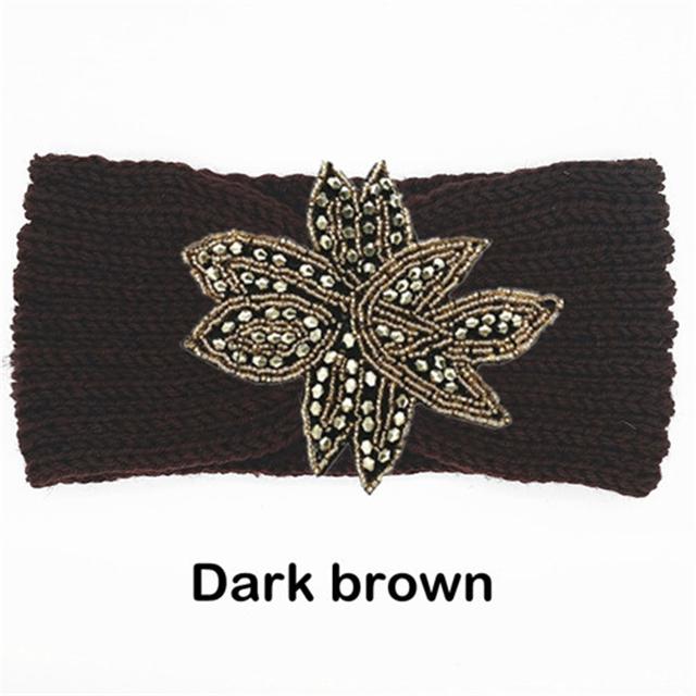 Crystal Beaded Flower Knit Headband For Women Winter Wool Ear Warmer Hairband Turban Headwrap Hair Accessories Bandeau