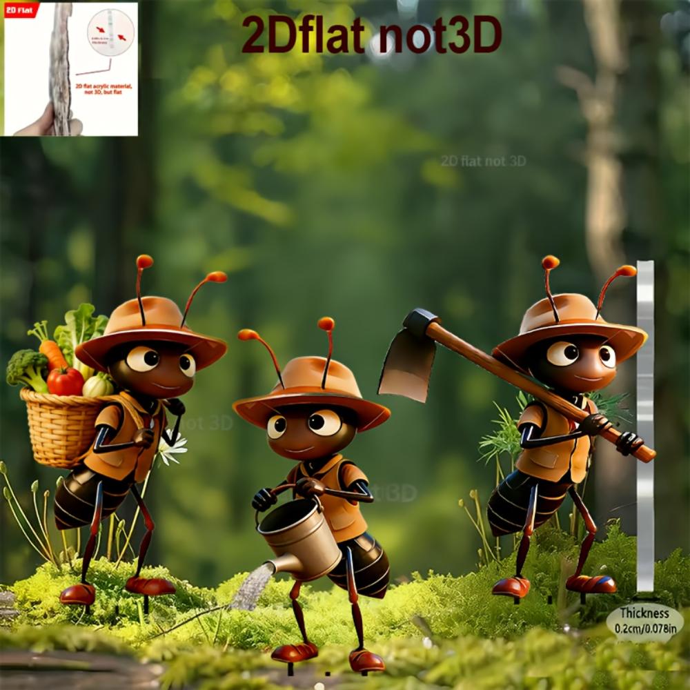 2D Flat Printed Ant Garden Stakes, 2/3Pcs Cute Acrylic Outdoor Decor for Garden Lawn Planter Yard Fence Festival Gifts