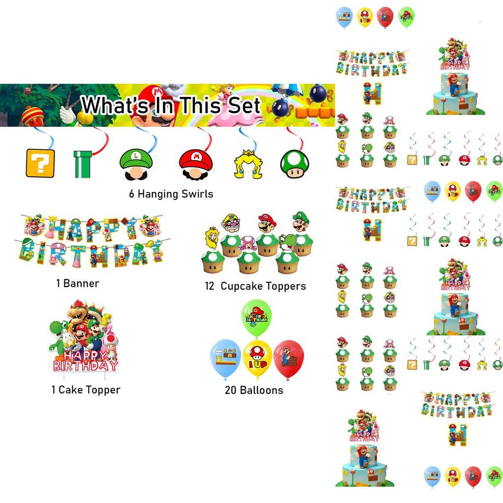 Mario Theme Party Decorations Set Flags, Cake Toppers, Balloons, And Spirals For An Amazing Party Atmosphere!