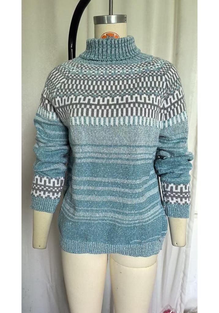 Women's High Neck Color Block Loose Knit Sweater