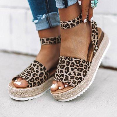 Klíny Leopard Retro Peep Toe Sandály Ženy Letní Módní Sandály Pásek s přezkou