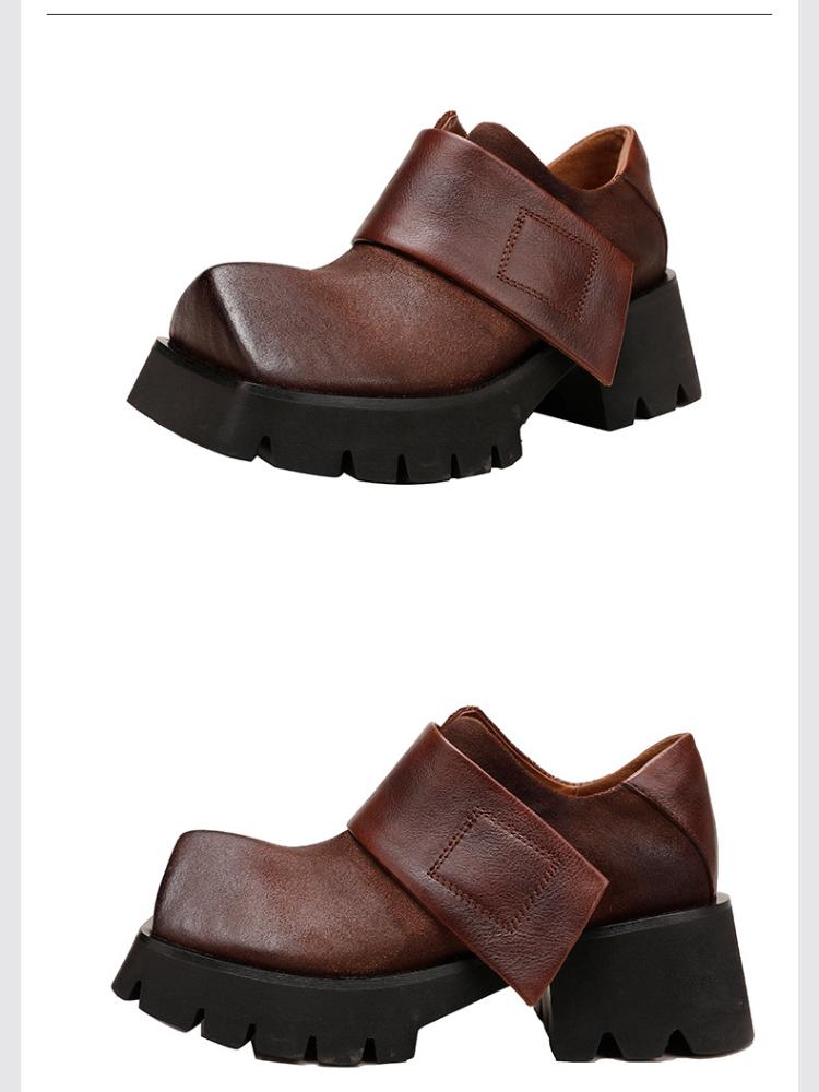 Johnature Retro Square Toe Women Platform Shoes Genuine Leather Thick Soled Solid Color Versatile Shoes