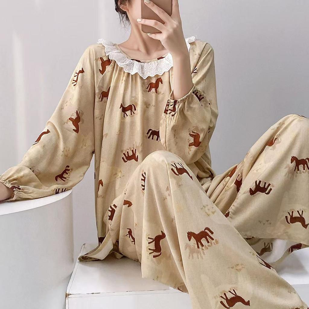 Spring and Summer New Plaid Printing Crew Neck Lace Long-sleeved Trousers Pajamas Set Women's Loungewear Loose Spot