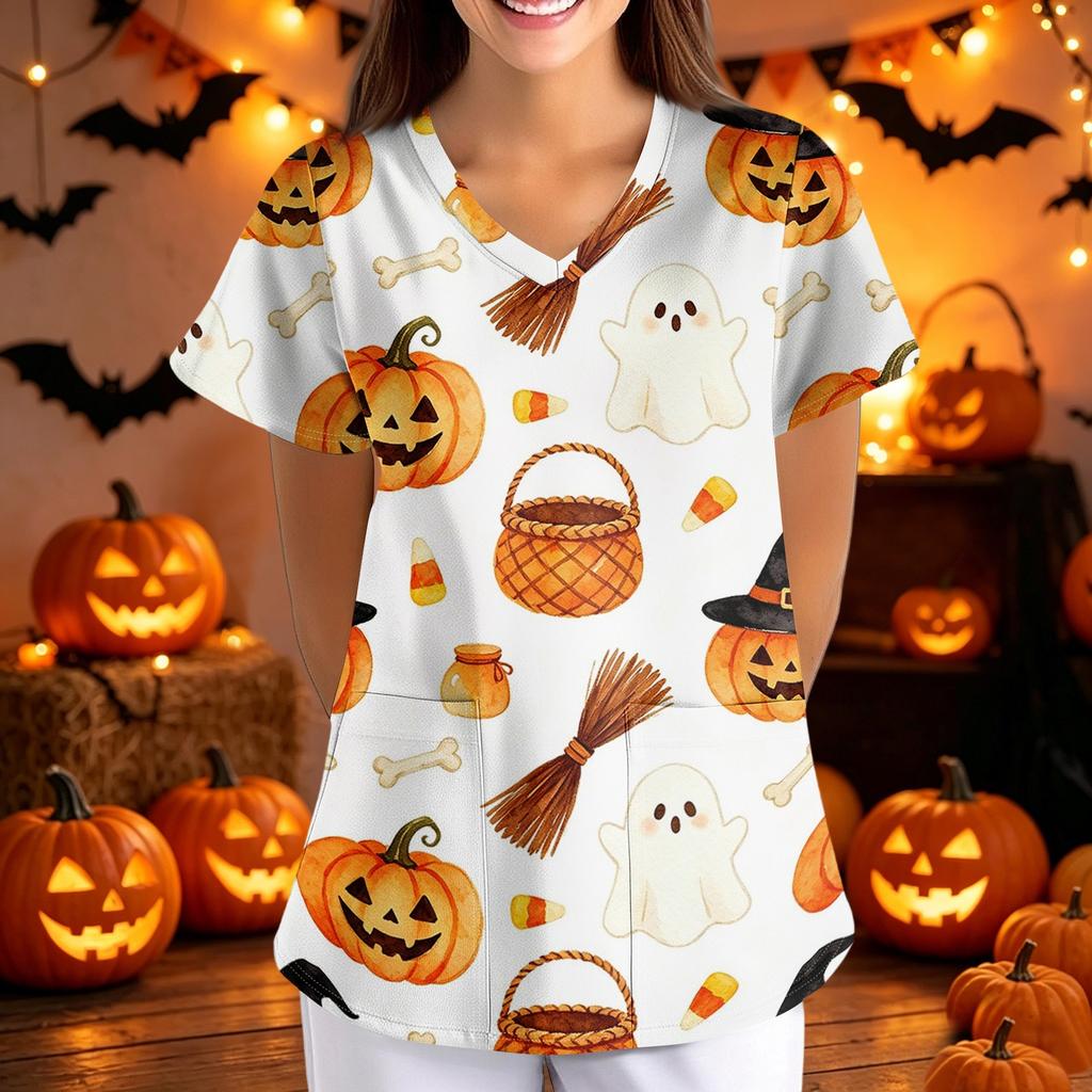 Women's Halloween Print Loose Fit V Neck Short Sleeve Medical Scrub Top with Pockets Comfortable Workwear for Healthcare Professionals