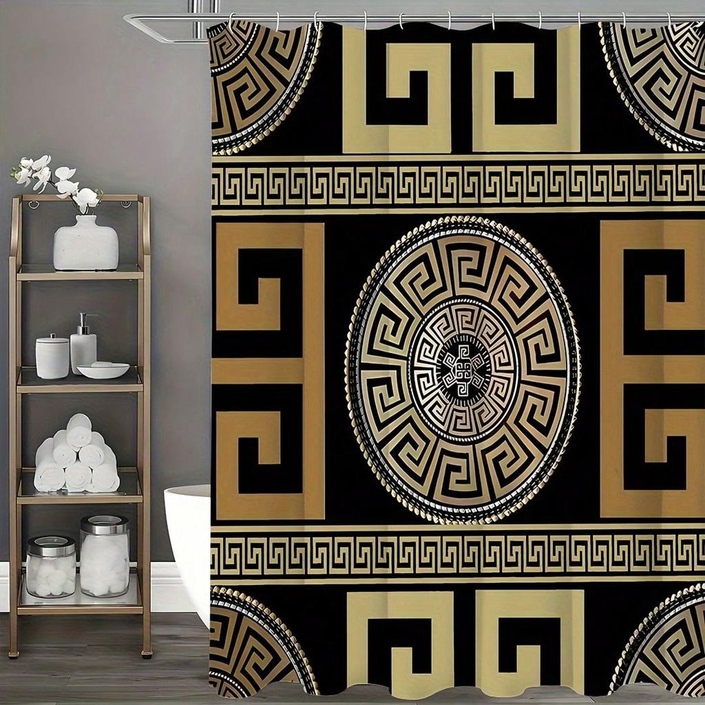 Elegantní řecký klíč sprchový závěs: Přijměte klasický zlatý design, měkkou látku a nadčasovou atmosféru pro vaši luxusní koupelnu
