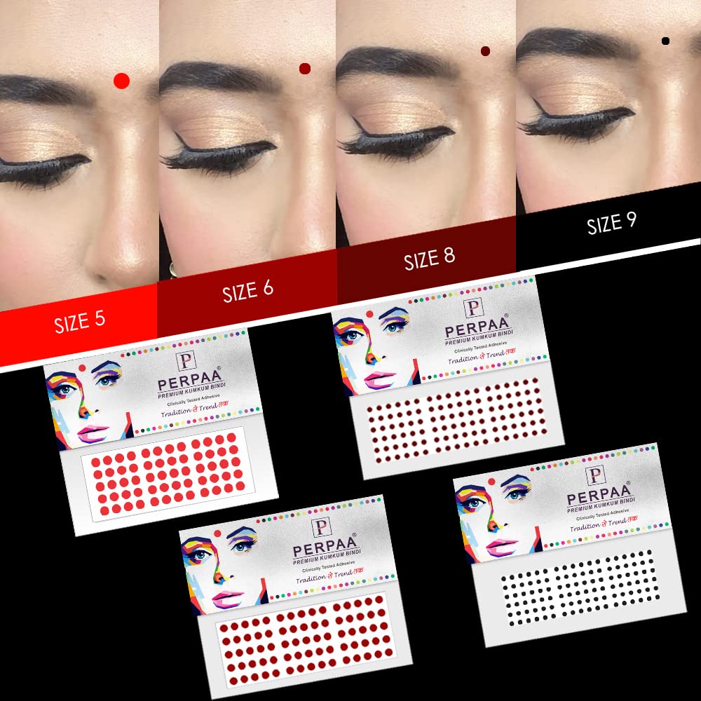 Perpaa® Premium Bindi for Women Pack of 8 Flaps with Different Sizes 2 Red Bindi for Women, 2 Light Maroon, 2 Dark Maroon,2 Black (Bindi Flaps Comb