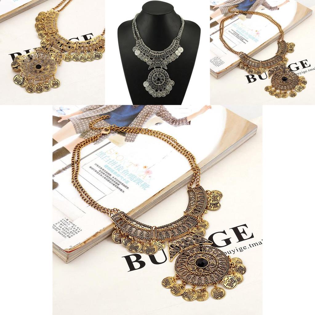 Ethnischer Stil Simulation Edelstein Mehrschichtig Runde Münze Metall Halskette für Frauen