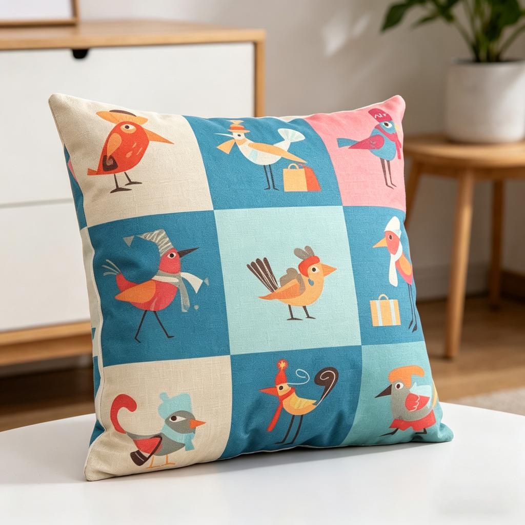 Cute Cartoon Bird Throw Pillow Cover, Colorful Linen Cushion Cover for Kids Room & Nursery Decor