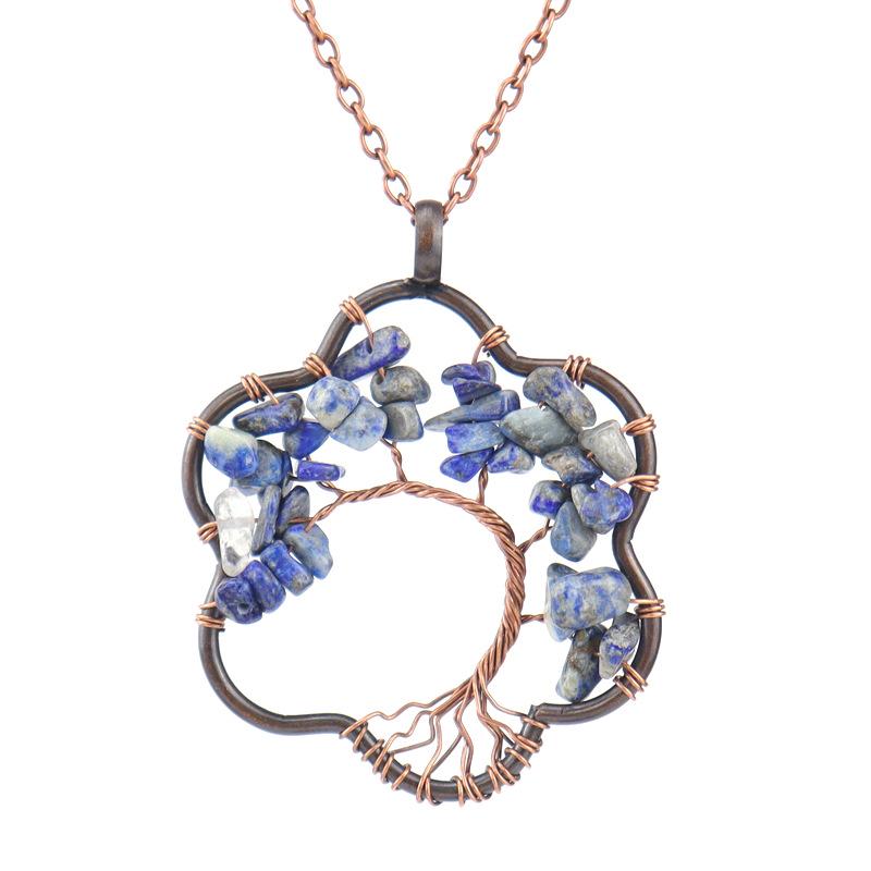 Vintage Sunflower Hand-Wound Tree of Life Necklace with Crushed Stone Crystal Pendant