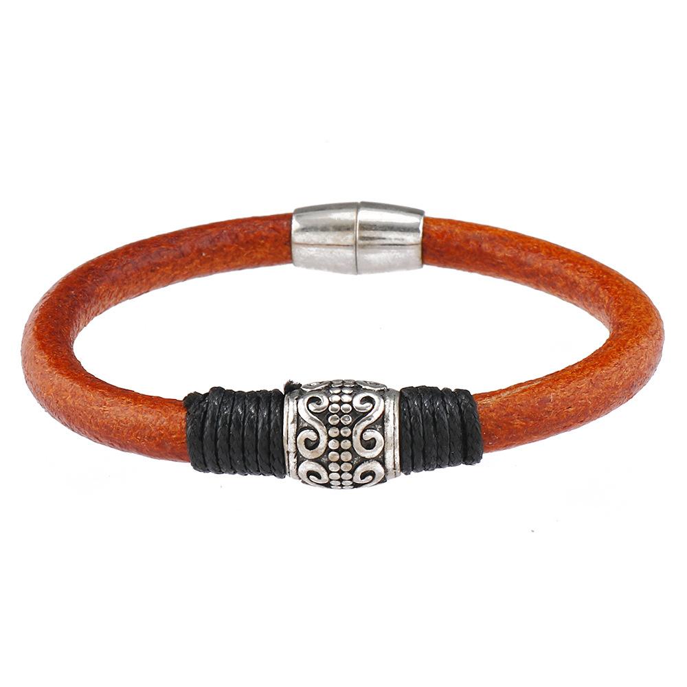 Skeleton Floral Leather Bracelet Men Women Vintage Silver Jewelry Alloy Magnetic Clasp Men Brown Cowhide Wrist Armband