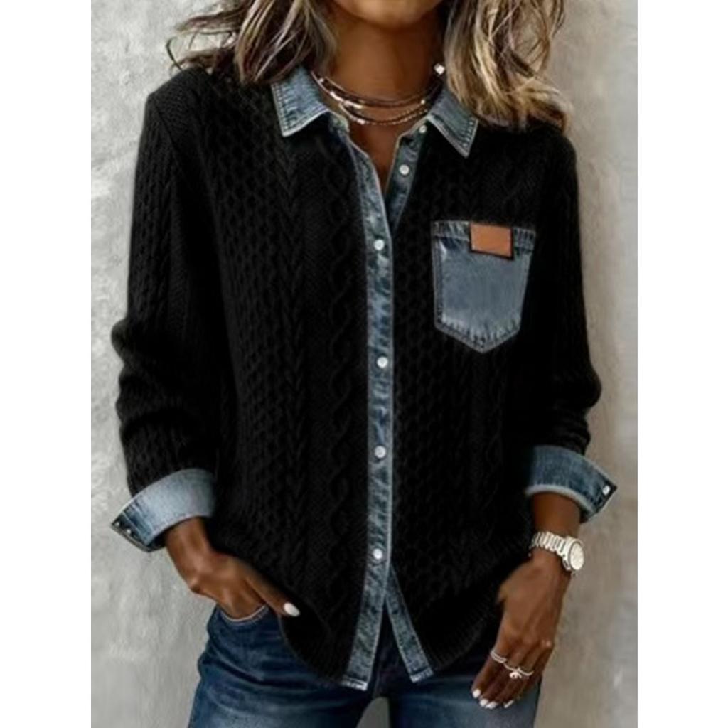 New European and American Style Women's Knitted Spliced Denim Shirt, Casual Versatile Long Sleeve Cardigan Coat for Fall and Winter