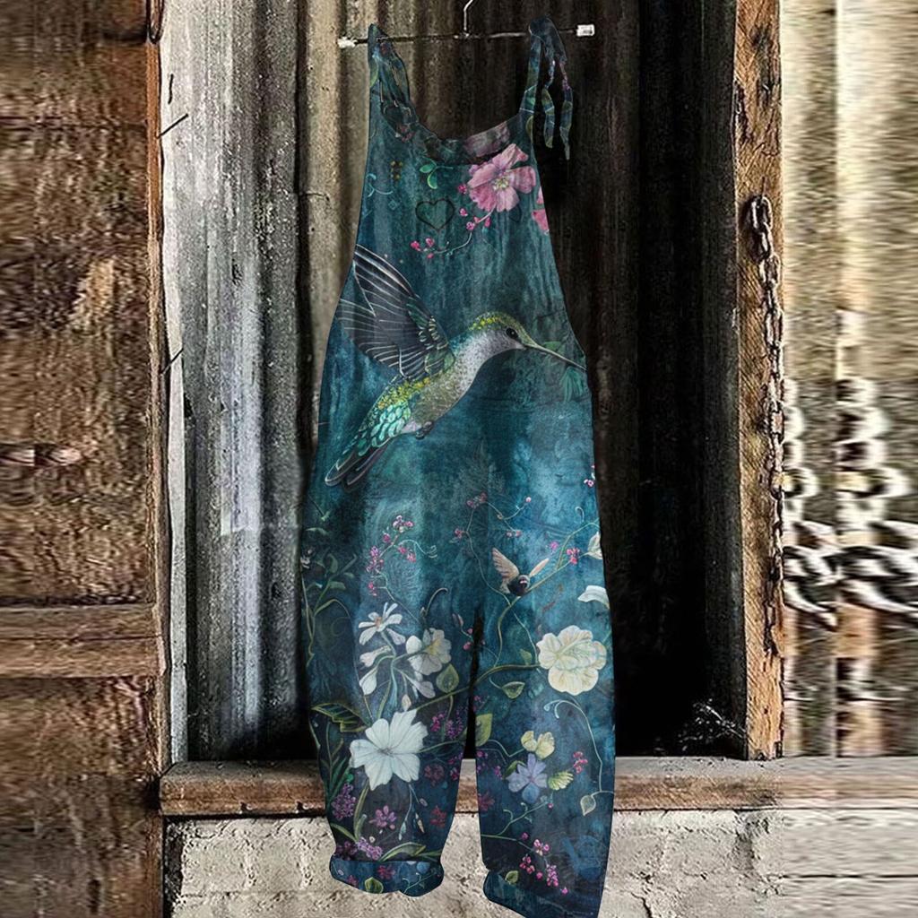 Women's Jumpsuit Floral Print Casual Loose Vintage Shoulder Strap Cotton Linen