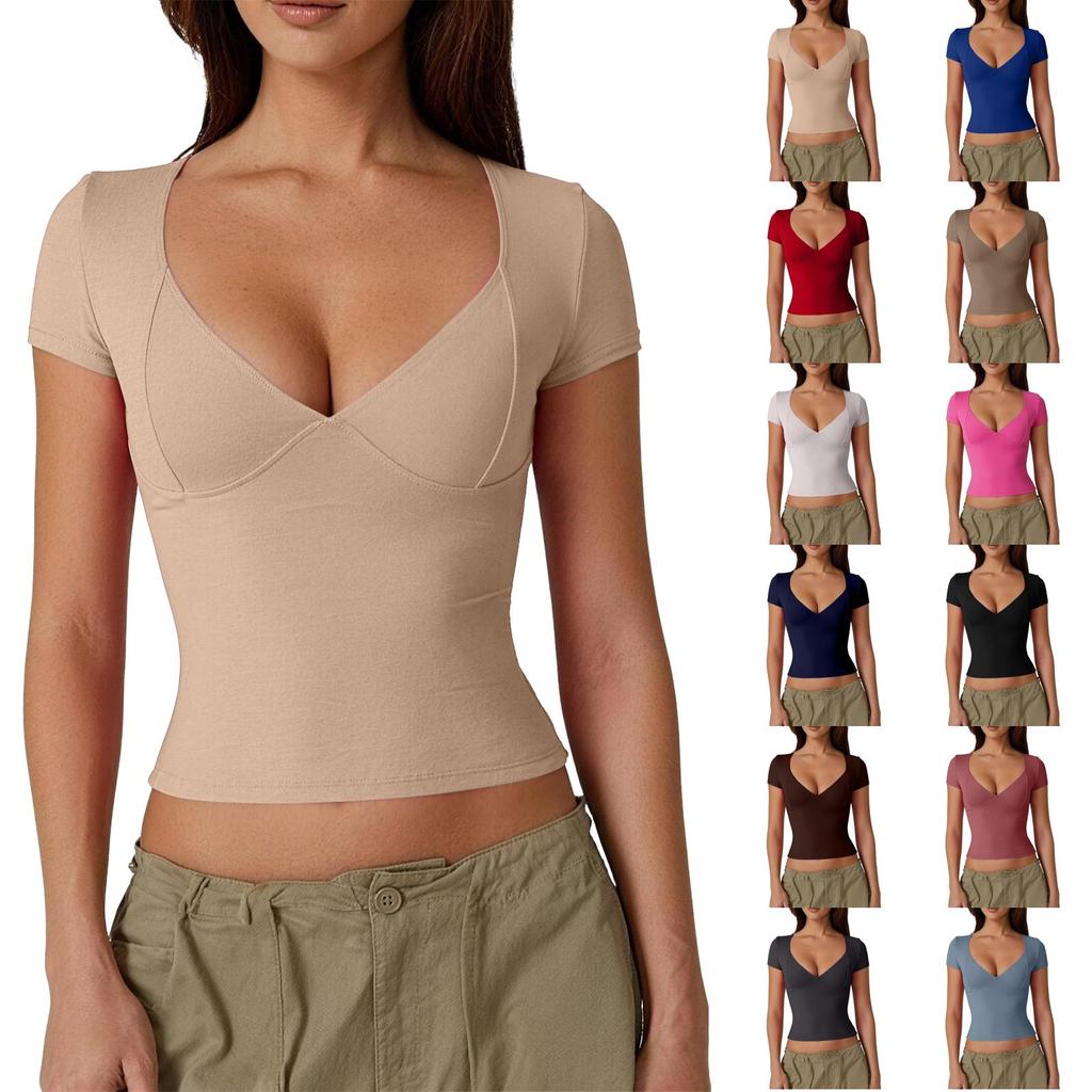 Women's Top Slim Fitting T-Shirt V-Neck Top With Bottom Short Sleeved Sexy Solor Top T-shirt