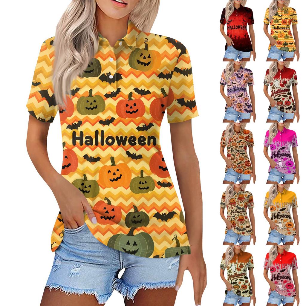 Damenmode Lässig Revers Kurzarm Halloween-Print Hemd Damen Button-Up Oberteile