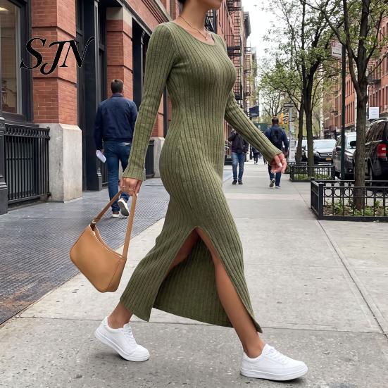 Comfortable Casual Dresses Women Round Neck Knitted Dress, Long Sleeve Pullover Sweater Winter Wear Solid Color Stretchy Split Bodycon Dress