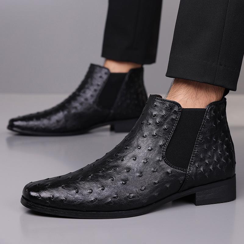 Retro Embroidered Ostrich Pattern Men's Mid-Calf Square Toe Knight Boots, Plus Size 38-48