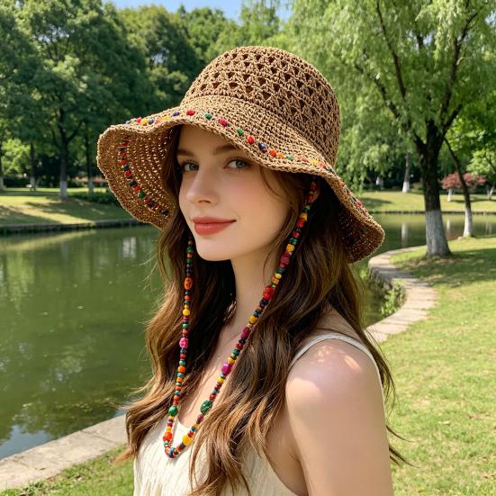 Straw Hand-Woven Wide Brim Straw Fabric Hat High-Density Fisherman Hat with Adjustable